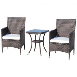 Budget 🎁 Outsunny 3-Piece Brown Frame Bistro Patio Set with White Cushions 🛒