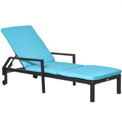 Budget 🎁 Outsunny Black Rattan Metal Stationary Chaise Lounge with Blue Cushioned Seat ⌛