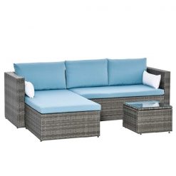 Budget ⌛ Outsunny Rattan Blue 3-Piece Modular Patio Set with Coffee Table and Throw Cushions 🌟