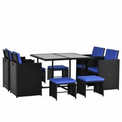 Cheapest 💯 Outsunny Black PE Rattan Patio Dining Set with Blue Cushions Included - 9-Piece 👍