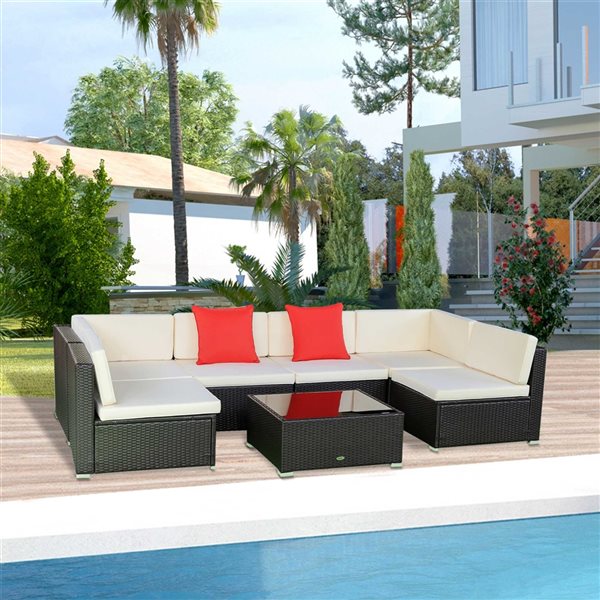 Flash Sale 🧨 Outsunny Rattan Beige 7-Piece Modular Patio Set with Coffee Table and Throw Cushions 🔔 - Image 2