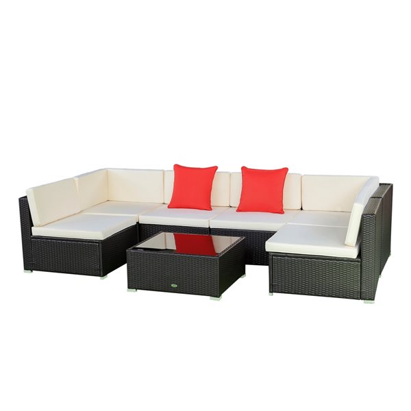 Flash Sale 🧨 Outsunny Rattan Beige 7-Piece Modular Patio Set with Coffee Table and Throw Cushions 🔔