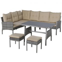 Best deal 🎁 Outsunny Grey PE Rattan Patio Dining Set with Khaki Cushions Included - 6-Piece 🎉