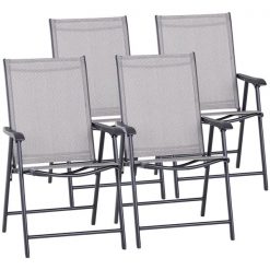 Best Pirce 🛒 Outsunny Dark Grey Metal Stationary Patio Chairs with Light Grey Mesh Seat - Set of 4 😉
