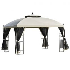 Promo 😀 Outsunny Beige Metal Rectangle Permanent Gazebo with Polyester Roof 11.8-ft x 9.8-ft ✨