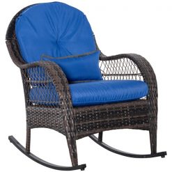 Best Pirce 🔔 Outsunny Rattan Rocking Chair with Blue Cushion 🛒