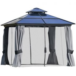 New 🥰 Outsunny 9.8-ft x 9.8-ft Charcoal Grey Gazebo with Double Roof/Curtains 🔔