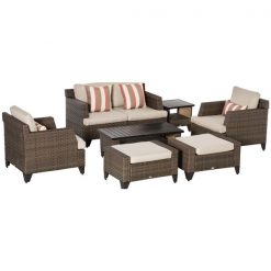 Hot Sale 🛒 Outsunny 8-Piece Brown Rattan Conversation Set with Off-White Cushions 😀